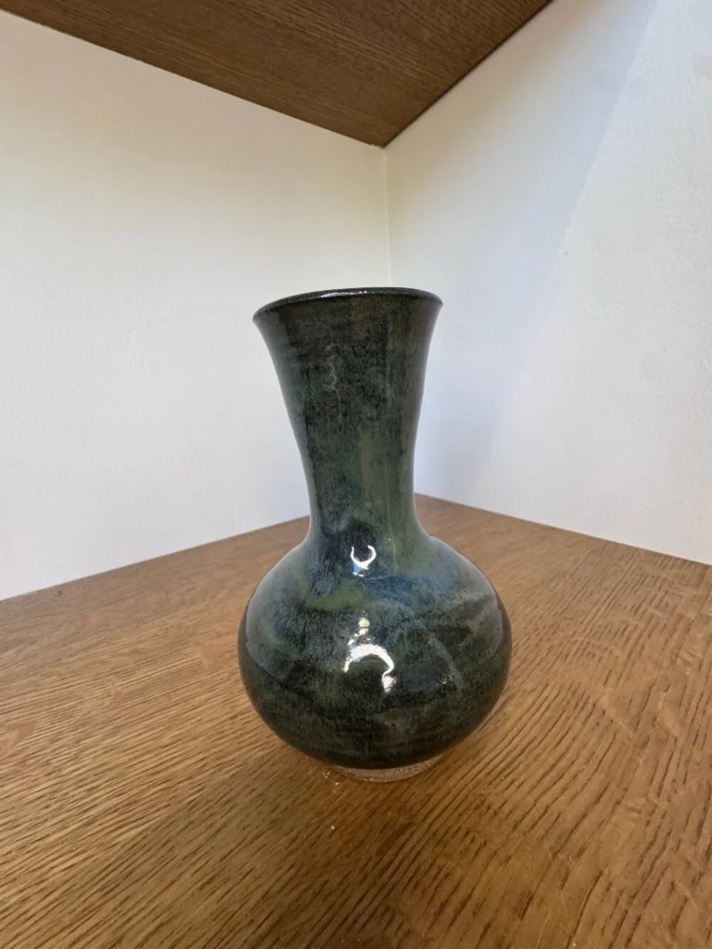 Hand Thrown Studio Pottery Vase Signed 2003 Green Stoneware Bottle Vase 7.25